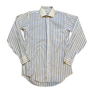 Vintage Burberrys Mens Striped Button Up Shirt 15-33 Blue White Long Sleeve Cott